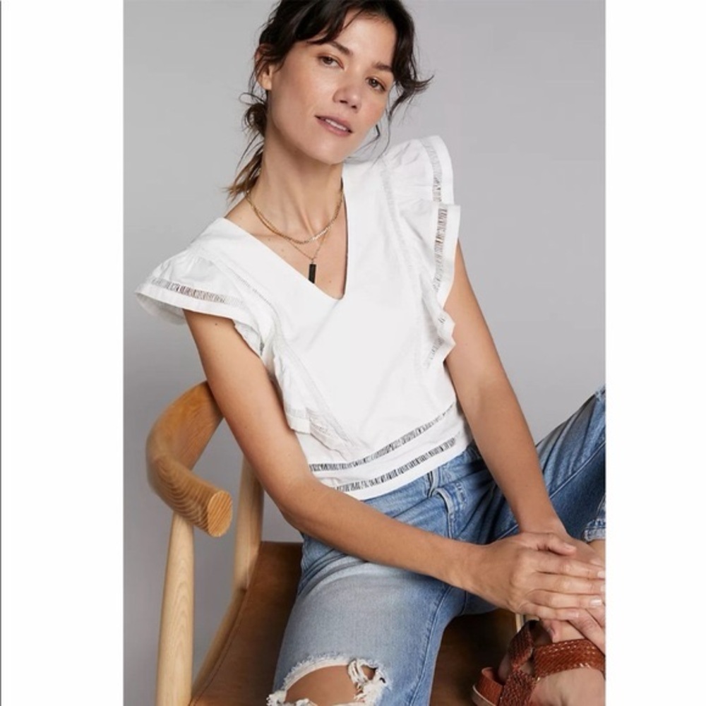 Anthropologie Blue Tassel White Ruffle Sleeve Crop Blouse